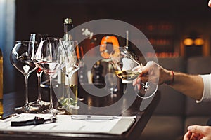 Wine critic, connoisseur tastes, degustates expensive drinks. photo