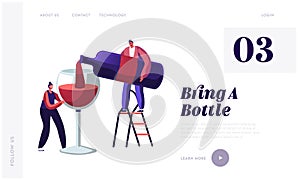 Wine Degustation Website Landing Page. Man Pouring Wine to Woman Holding Huge Glass. Girl with Wineglass Tasting photo