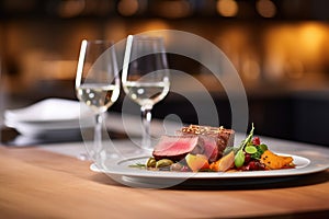 wine and dine setting with a glass of burgundy, steak