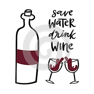 Wine doodle style vector illustration including bottle, glasses with wine-colored liquid and cork. Red vino doodle