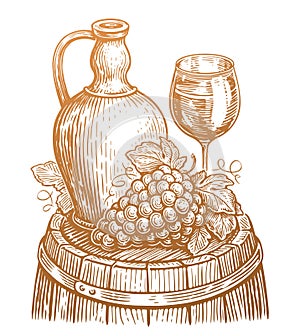 Wine drink concept. Hand drawn vintage vector illustration. Winery, vineyard sketch