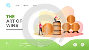 Wine Drink Tasting in Vineyard, Winery, Winemaking Landing Page Template. Tiny Man and Woman Characters in Vault