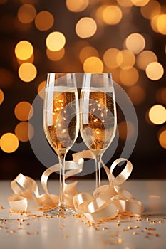 wine in the evening, glasses of champagne on christmas background, glass of wine at night