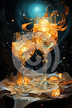wine in the evening, glasses of champagne on christmas background, glass of wine at night