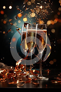 wine in the evening, glasses of champagne on christmas background, glass of wine at night