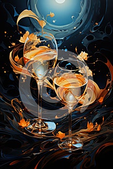 wine in the evening, glasses of champagne on christmas background, glass of wine at night