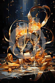 wine in the evening, glasses of champagne on christmas background, glass of wine at night