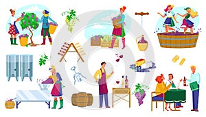 Wine factory production vector illustration set, cartoon flat winemaker characters work, produce wine product in winery