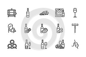Wine flat line icon set. Vector illustration symbols about different types of wine for fish, meat and cheese. Grape