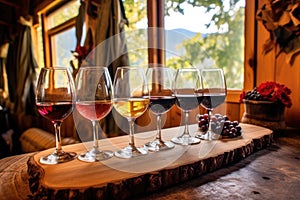 wine flight lined up on a rustic table among grapevines