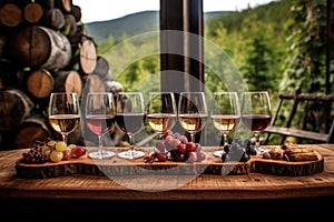 wine flight lined up on a rustic table among grapevines