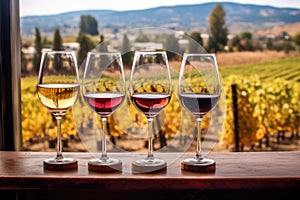 wine flight selection with vineyard landscape backdrop