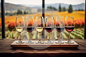 wine flight selection with vineyard landscape backdrop