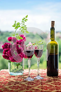 Wine and flowers.