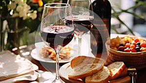 Wine, food, drink, outdoors, wineglass, table, picnic, bread generated by AI