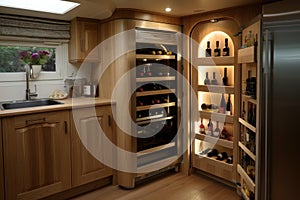 wine fridge door open, revealing storage compartments