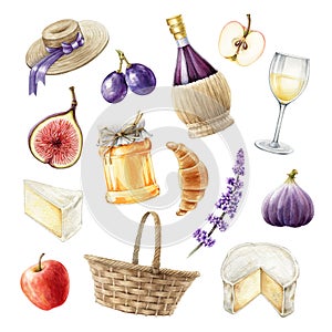 Wine, fruit and cheese watercolor set. Picnic gastronomy set of beverage and tasty fresh snacks. Hand drawn picnic