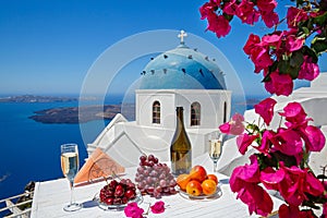 Wine and fruit for two on  the island of Santorini