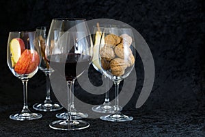 Wine glases, aromatic barrel, cinnamon, tasting