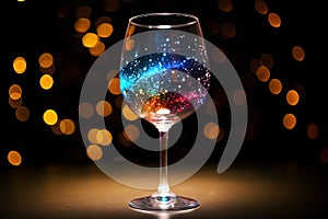 Wine glass with abstract bokeh lights on a dark background, party concept. Generative AI