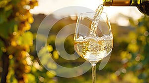 Wine in a glass on the background of a vineyard