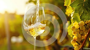 Wine in a glass on the background of a vineyard