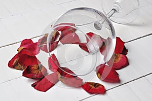 Wine glass and beautiful red rose isolated on white background. petals rose.Copy space