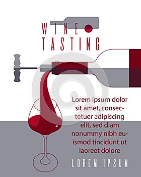 Wine glass and a bottle with a corkscrew. Graphic poster, brochure design, flyer, wine tasting booklet. Banner for wine tasting.