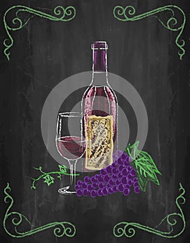 Wine glass and bottle with grapes and vines on chalkboard background, vector, illustration.