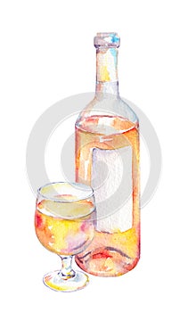 Wine glass, bottle with pink wine. Watercolor