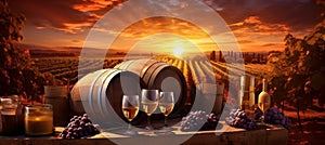 wine glass bottle sunset alcohol beverage barrel drink grape winery. Generative AI.