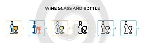 Wine glass and bottle vector icon in 6 different modern styles. Black, two colored wine glass and bottle icons designed in filled