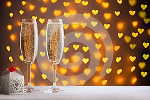 Wine glass with bubbly Champagne on blurry sparkling lights background