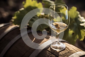 Wine Glass with Chardonnay Grapevine tasting in vineyard.