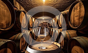Wine Glass with Chardonnay Grapevine tasting. Vini Degustation in wine cellar