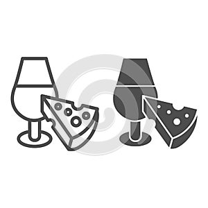 Wine glass and cheese line and solid icon. Tasting wine with appetizer outline style pictogram on white background