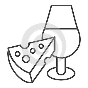 Wine glass and cheese thin line icon. Tasting wine with cheese appetizer outline style pictogram on white background