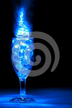 Wine Glass with Clear Marbles Blue Light Painting