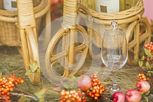 Wine glass with decorated background toned clouseup