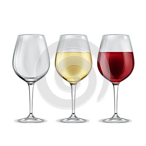 Wine glass. Empty with red or white grape beverage glasses, half filled alcoholic drink in elegant transparent wineglass