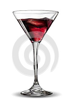 A wine glass filled with a red Cosmopolitan cocktail, isolated on a white background