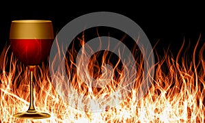 Wine glass on fire flame textured background. vector illustration.