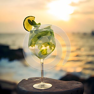 Wine glass with fresh classis mojito cocktail at sea shore at sunset with blur beach background. Tropical cocktail with ice cubes