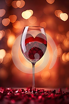 Wine glass full of red hearts on festive bokeh Valentines day background. Generative Ai