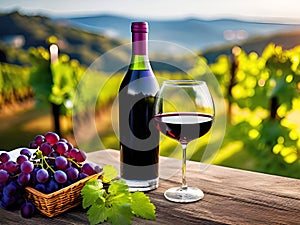 Wine glass and grapes on vineyard background