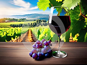 Wine glass and grapes on vineyard background