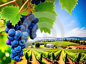 Wine glass and grapes on vineyard background