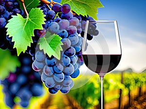 Wine glass and grapes on vineyard background