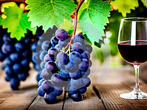 Wine glass and grapes on vineyard background