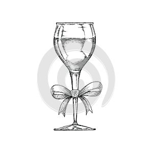 Wine glass hand drawing vintage with ribbon black and white line